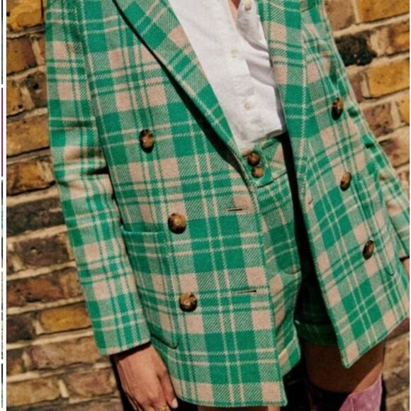 SEZANE Sz 46 14 Green Tan Check Plaid Wool Michele Jacket Blazer - Picture 12 of 12